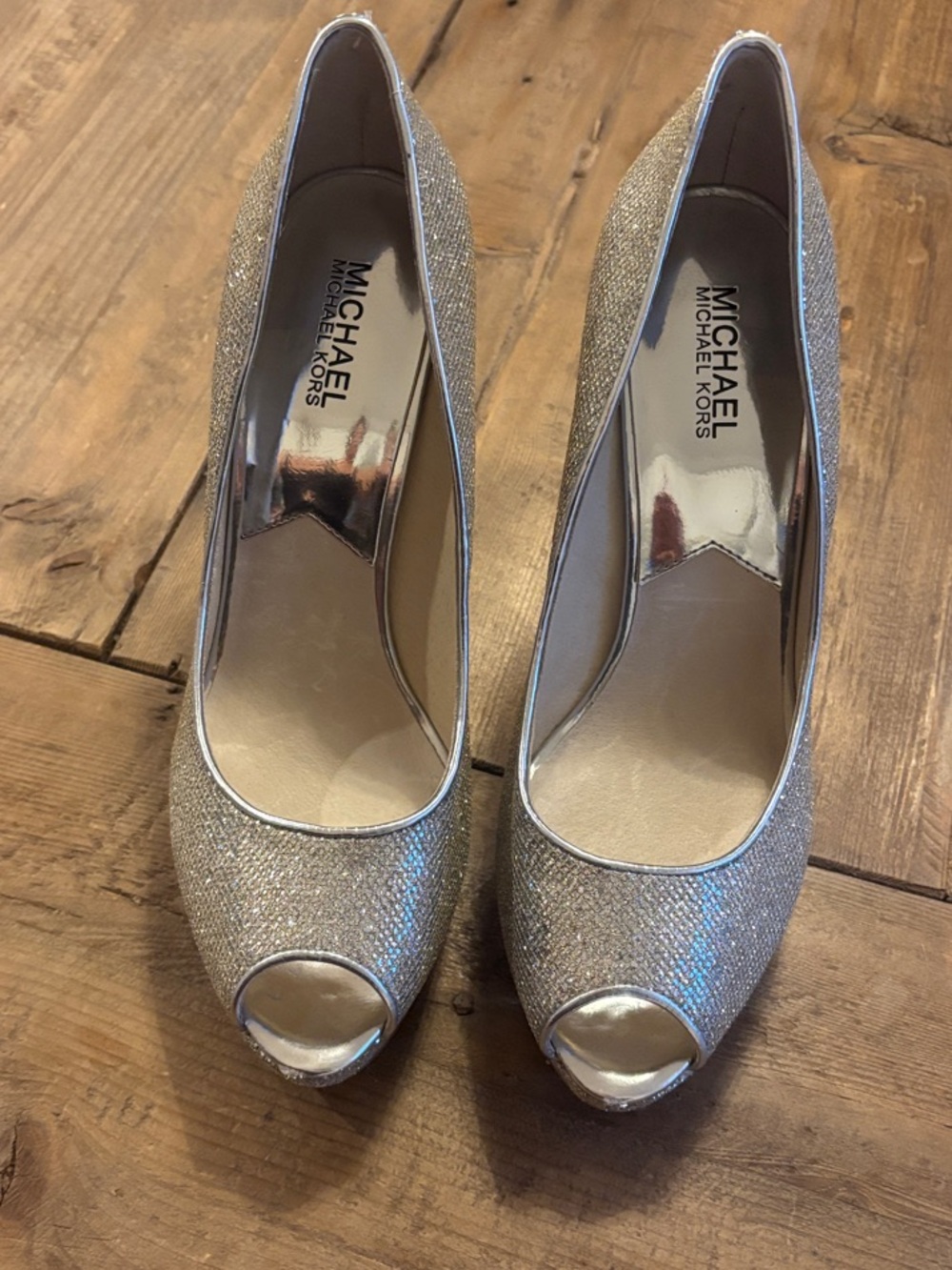 MICHAEL Michael Kors Silver Glitter Peep-Toe Heels